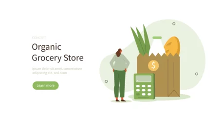 Fotobehang Healthy food bag. Character buying healthy organic groceries and saving money. Organic grocery store concept. Vector illustration. © Irina Strelnikova