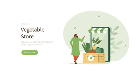 Grocery buying. Character choosing and buying different vegetables online on smartphone direct from farmers market. Local produce support and farm to table concept. Vector illustration.