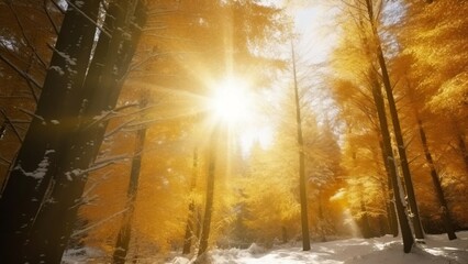 Golden sunlight in summer with trees and snow in the morning. AI-generated images