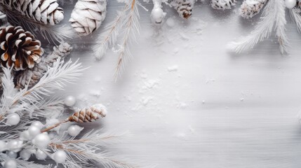 Copyspace background with winter decor. Wallpaper template created using generative AI Tools.