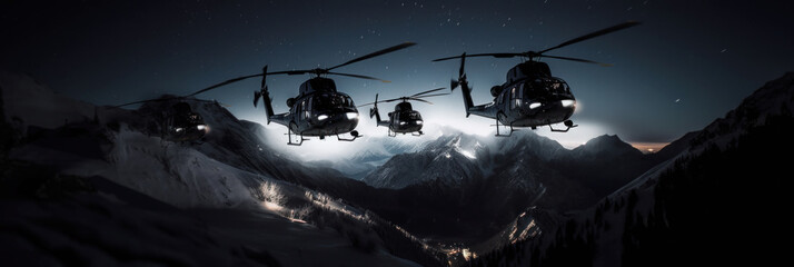 A squad of black helicopters in winter mountains, in a covert, undercover mission. Undercover activity concept. Generative AI based. - obrazy, fototapety, plakaty