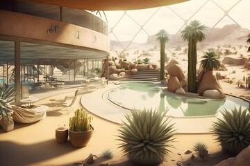 Interior of futuristic five camp complex in the middle of the palm desert oasis with swimming pool, Generative AI