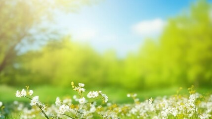 Obraz premium The background of wildflowers in summer or spring with a blurred backdrop golden sunlight and beautiful natural skies. AI-generated images