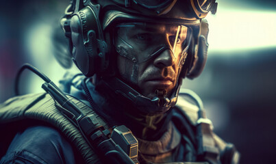 Futuristic Guardian Warrior: Portrait of ultimate armed soldier in the war zone. Generative AI