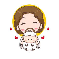 Cute Jesus Christ and the lamb cartoon character. Christian religion concept design. Hand drawn Chibi character clip art sticker Isolated white background. Vector art illustration