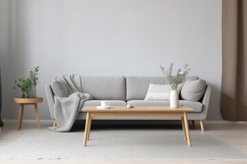 View of modern scandinavian style interior with sofa and trendy vase, Home staging and minimalism concept as interior design idea - Generative AI
