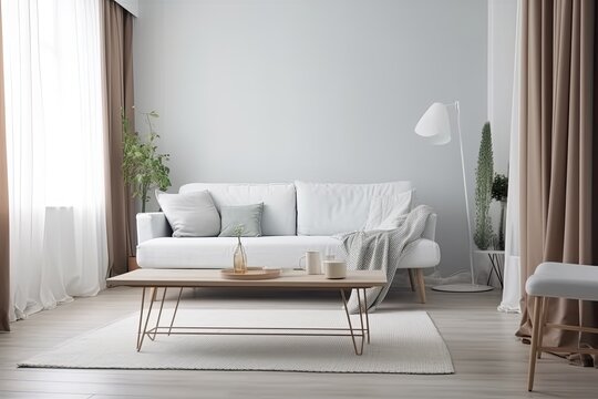 View of modern scandinavian style interior with sofa and trendy vase, Home staging and minimalism concept as interior design idea - Generative AI