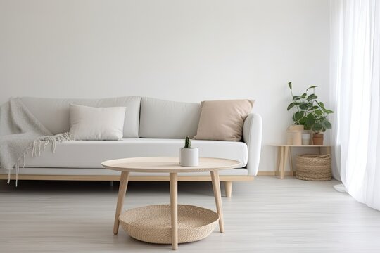 View of modern scandinavian style interior with sofa and trendy vase, Home staging and minimalism concept as interior design idea - Generative AI