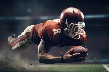 American Football Player Scores a Touchdown.American football player celebrates scoring a touchdown in front of a roaring stadium crowd Generative AI