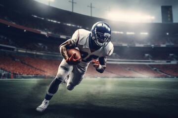 American Football Player Scores a Touchdown.American football player celebrates scoring a touchdown in front of a roaring stadium crowd Generative AI