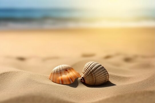 A close-up of sea mollusks on the summer sand against a blurred backdrop of the sea and sky. AI-generated images