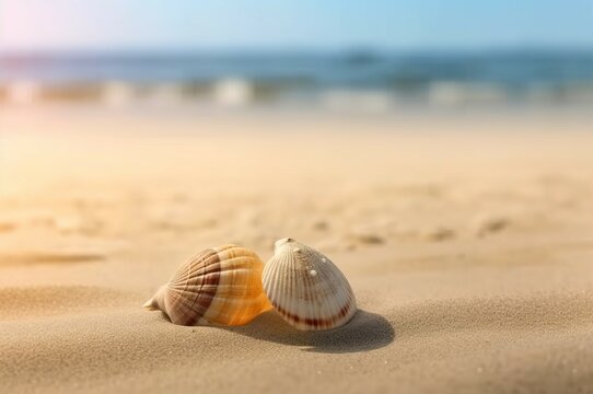 A close-up of sea mollusks on the summer sand against a blurred backdrop of the sea and sky. AI-generated images