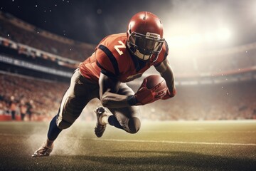 American Football Player Scores a Touchdown.American football player celebrates scoring a touchdown in front of a roaring stadium crowd Generative AI