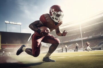 American Football Player Scores a Touchdown.American football player celebrates scoring a touchdown in front of a roaring stadium crowd Generative AI