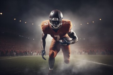 American Football Player Scores a Touchdown.American football player celebrates scoring a touchdown in front of a roaring stadium crowd Generative AI