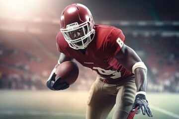 American Football Player Scores a Touchdown.American football player celebrates scoring a touchdown in front of a roaring stadium crowd Generative AI