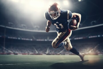 American Football Player Scores a Touchdown.American football player celebrates scoring a touchdown in front of a roaring stadium crowd Generative AI