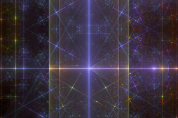 Fototapeta na wymiar Purple glowing pattern of curved shapes and rays on a black background. Abstract fractal 3D rendering