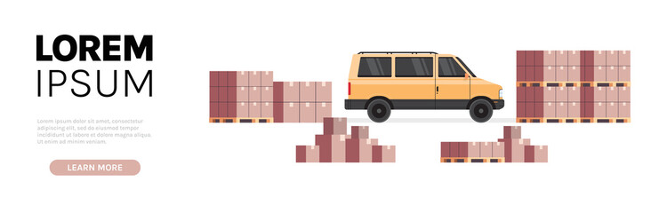 Warehouse cargo minivan loading parcel packages and international delivery industrial concept flat illustration.	
