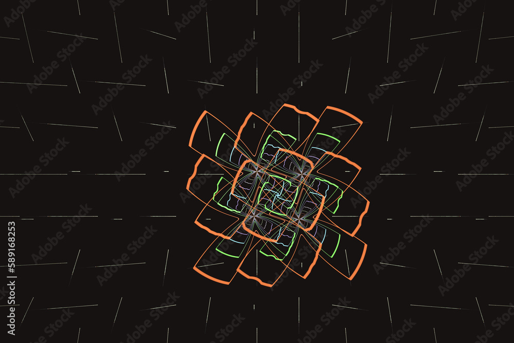 Aufkleber orange green floral pattern of curved lines on a black background. abstract fractal 3d rendering