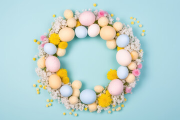 Round frame template for Easter. Happy Easter celebration card, top view, colorful pastel colored eggs in the shape of a circle on a blue flat background with copy space for text. Generative AI