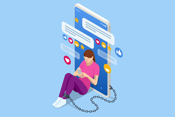 Isometric Social Media Addiction, Influence, Popularity, Modern Lifestyle, and Ad Concept. Women with smartphone devices. A depressed and sad woman chained and shackled to a big mobile smartphone. - obrazy, fototapety, plakaty