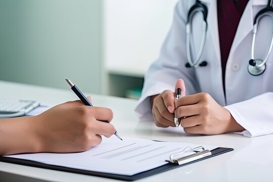 Doctor and patient talking in medical office at hospital. Closeup of doctor medical professional hands taking notes and writing prescription for patient during a consultation - Generative AI