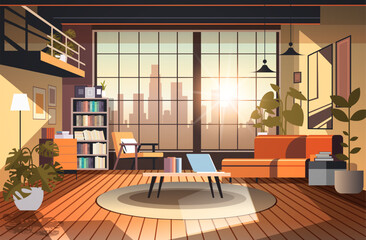 creative empty no people apartment modern loft interior of open space home office with furniture for corporate or freelance work