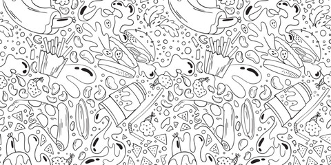 Black and white pattern with food floating in vacuum, fast food doodle with burgers, soda, hot dogs