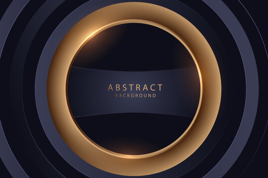 Abstract gold circle gradient lines on black background. Realistic 3d luxury modern concept. Bright shiny light black wallpaper. Vector illustration.
