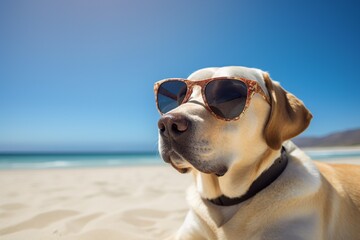 Fototapeta na wymiar Labrador in sunglasses enjoying a perfect beach day, sunlit fur and waves in the background. generative ai