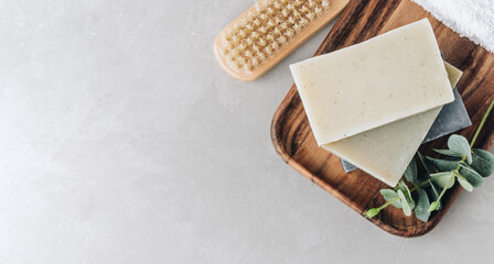Soap. Organic soap bars. Stack of natural soap bars on gray stone background