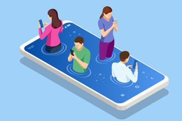 Isometric Social Media Addiction, Influence, Popularity, Modern Lifestyle, and Ad Concept. People touch smartphones, chatting, talk in virtual social networks or watch online news, stories and video