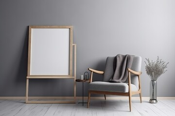 Blank picture frame mockup on gray wall. Modern living room design. View of scandinavian rustic style interior with chair. Home staging and minimalism concept - Generative AI