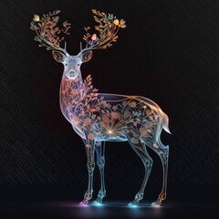 Deer with abstract laser transparent floral ornament on black background. Generative AI