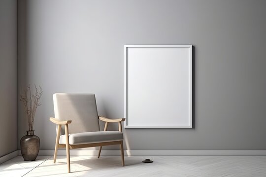 Blank picture frame mockup on gray wall. Modern living room design. View of scandinavian rustic style interior with chair. Home staging and minimalism concept - Generative AI
