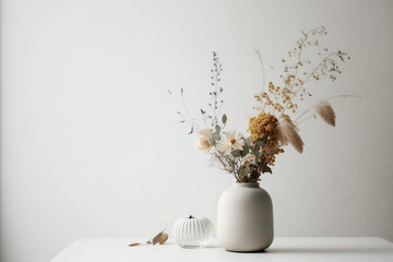 White background with a vase on the left side of the image filled with dried flowers,