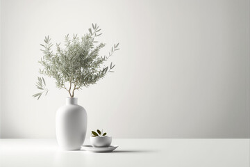 White background with a white vase filled with olive trees,