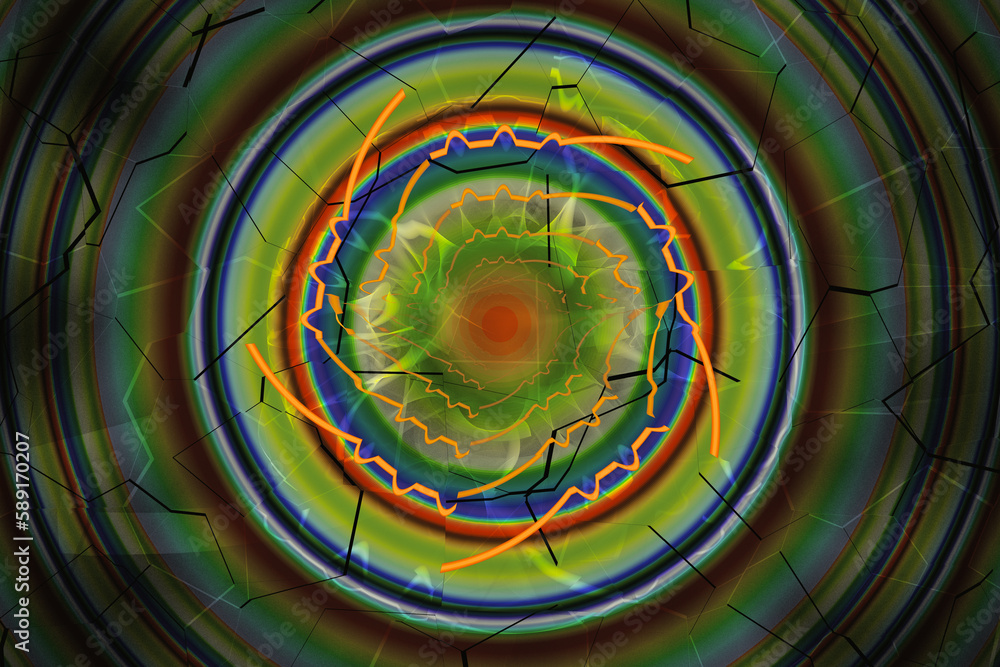 Poster green multi-colored round pattern of crooked waves on a black background. abstract fractal 3d render