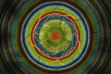 Green multi-colored round pattern of crooked waves on a black background. Abstract fractal 3D rendering