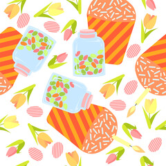 vector seamless texture on a white isolated background with easter buns, with a vase of chocolate eggs and with flowers