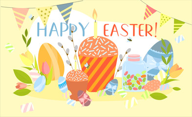 vector illustration on the theme of easter with easter eggs, buns and marshmallows, with flowers and with the inscription happy easter