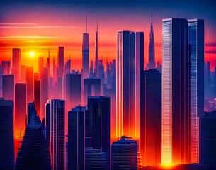 Cityscape with a pink and blue sunset behind it