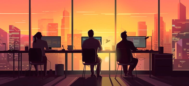 Programmers in the office work in a big city, work on an application, sit with their backs Generative AI