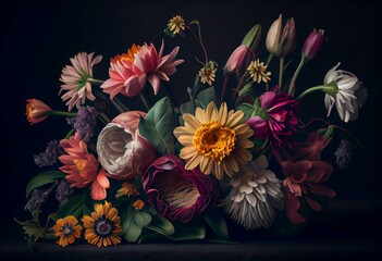 bouquet of colorful flowers on a dark background creating a dramatic contrast. Spring concept. ia generated. Generative AI