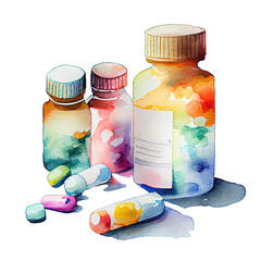Medications illustration watercolor with transparent background. Generative AI