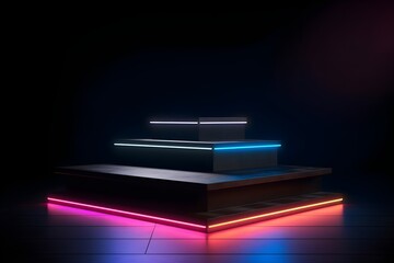 Simplicity and Minimalism: Creative product neon lighted podium/platform mockup, AI generated	