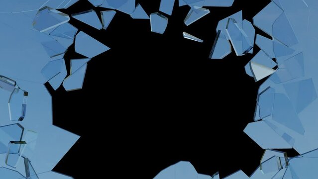 Glass broken and shattered glass pieces flying on air in slow motion. 3D render. Green screen, Matte.