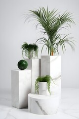 Simplicity and Minimalism: Creative product podium/platform mockup with marble and plants, AI generated