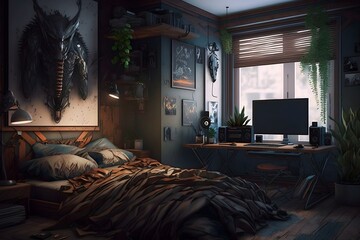 bedroom in the a metallic style. interior design with wood, bed, gaming computer and some plants.